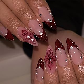 24 Stücke Künstliche Nägel Mandel Mittellang, Rote French Tip Press on Nails mit 3D Blumen Design, Glänzende Fingernägel zum Aufkleben für Frauen
