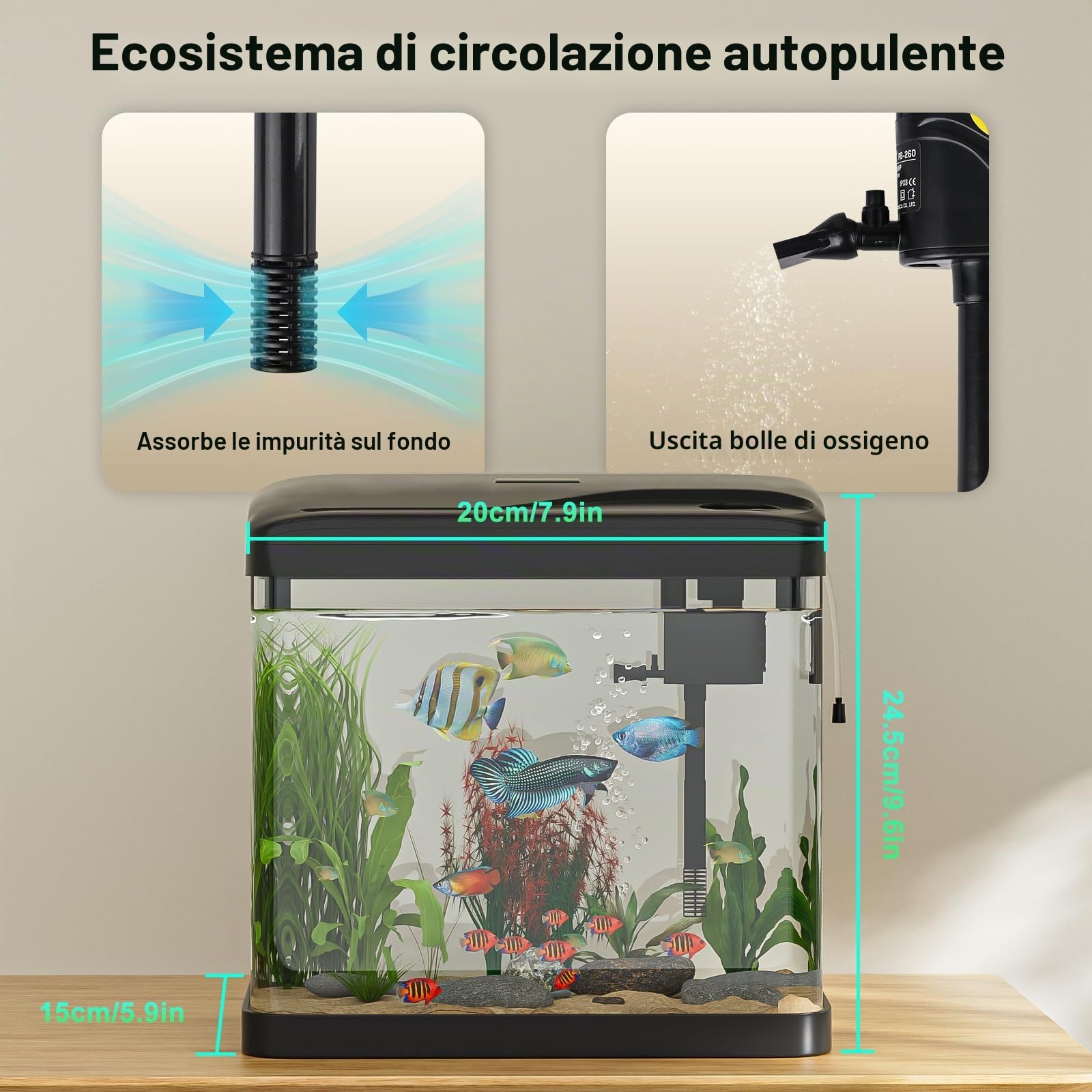 Acquario Piccolo in Vetro, Ambesty 6L Completo Acquarios Per Pesci Rossi, Fish Tank Tartarughe D'acqua con Illuminazione a LED e Sistema di Filtraggio, Nero, Principianti Mini Acquario Completo