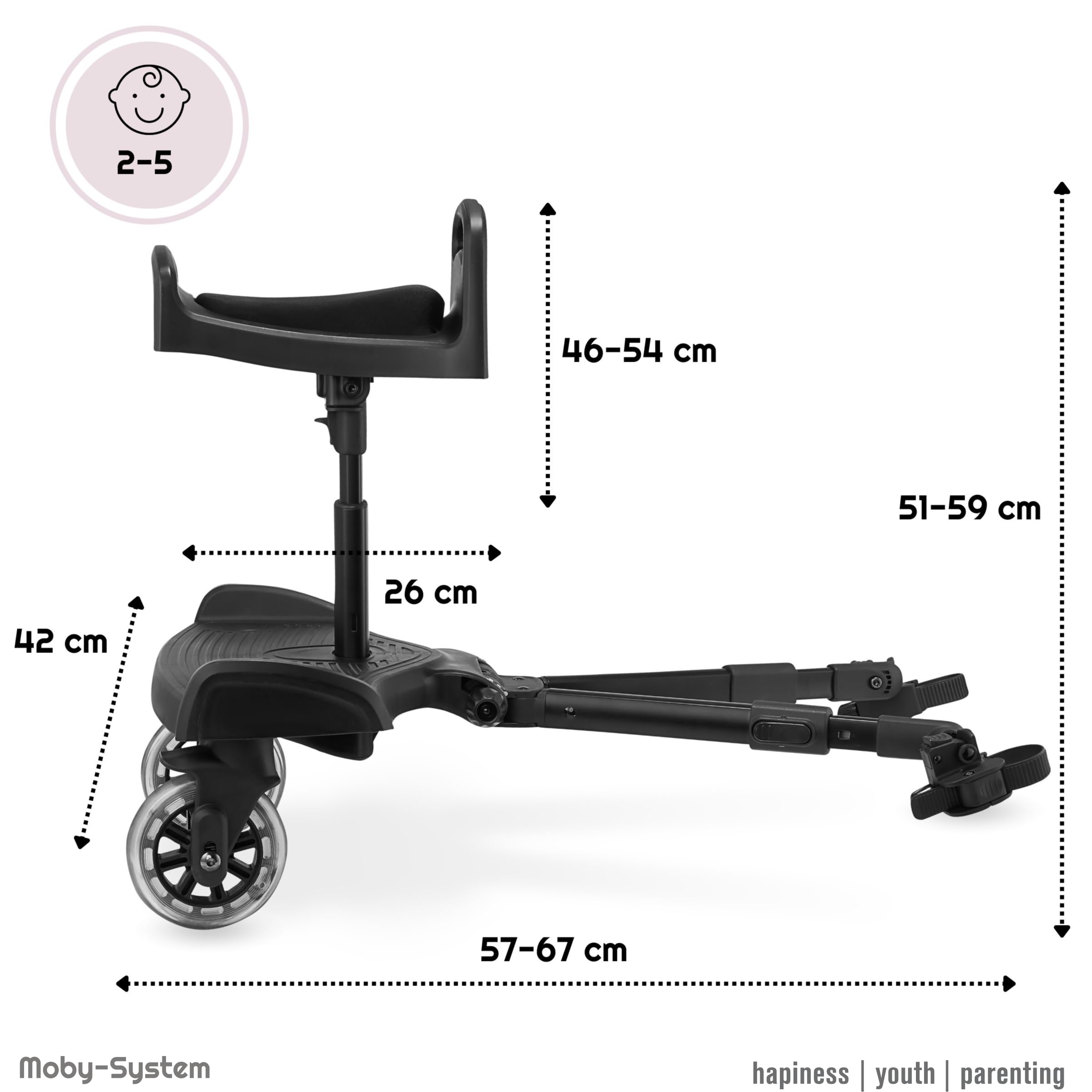 Moby-System BUGGY2GO Proveedor de cochecito con asiento ajustable, montaje universal, ruedas amortiguadas de 360°, para niños de 2 a 5 años, se adapta al 99,9% de los cochecitos, asiento de entrega