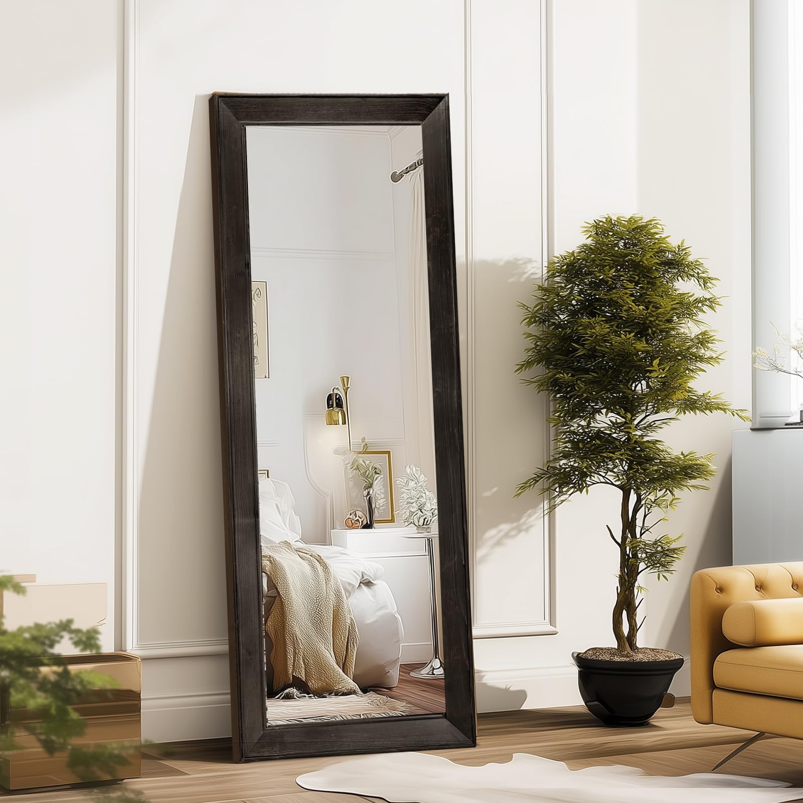 58x22in Full Length Mirror, Rustic Black Beveled Wood Frame