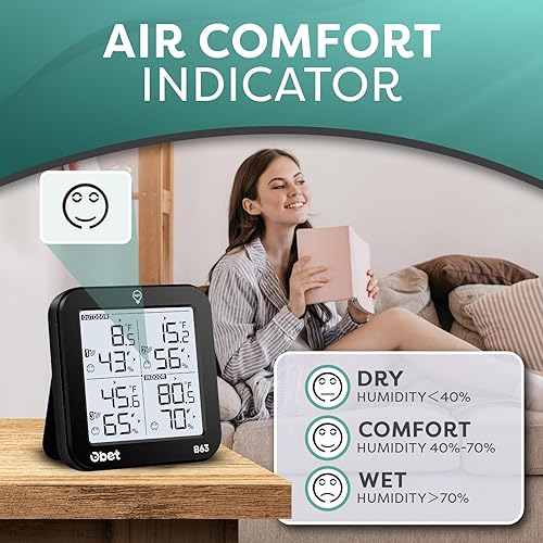 Miniatura 4 de OBET Termómetro inalámbrico para interiores y exteriores con 3 sensores, estación meteorológica, monitor de temperatura y humedad, rango de 500 pies