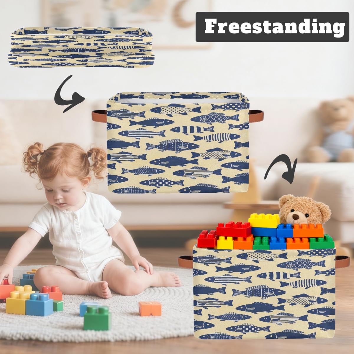 Rechteckiger Aufbewahrungskorb mit Ledergriffen, Retro-Fischmuster, 2 Stück, faltbarer Stoff-Aufbewahrungskorb für Schrank, Badezimmer, Wohnzimmer, Büro, Spielzeug, Organizer, Wäschekorb