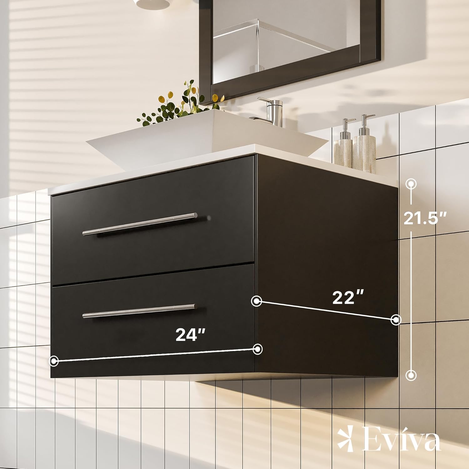Eviva Totti Wave 24 inch Espresso Modern Bathroom Vanity with White Glassos Countertop and Porcelain Vessel Sink