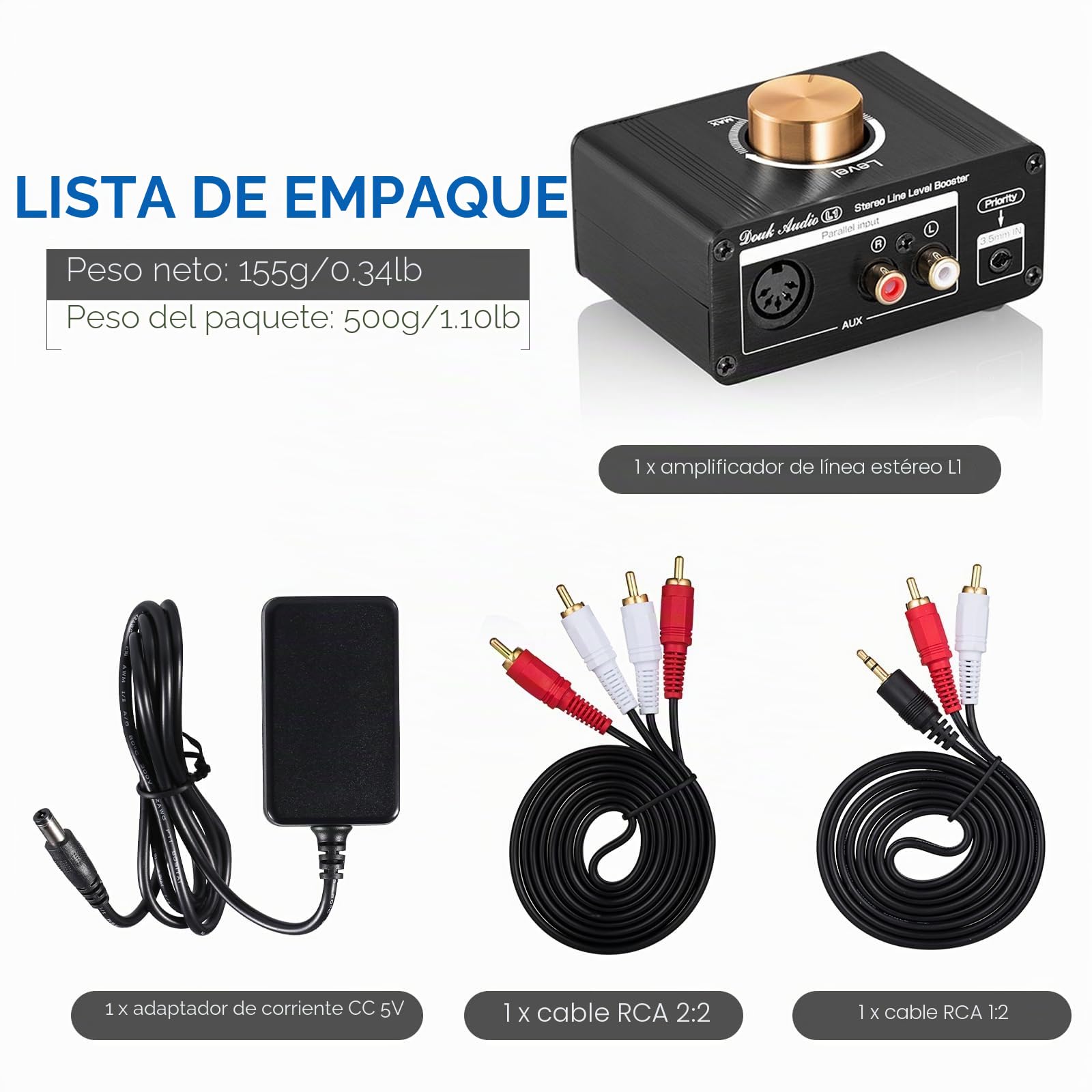 Mini Stereo Line Level Booster - Amplificador de audio para MP3, iPod, iPad, iPhone, 20 dB de ganancia y control de volumen