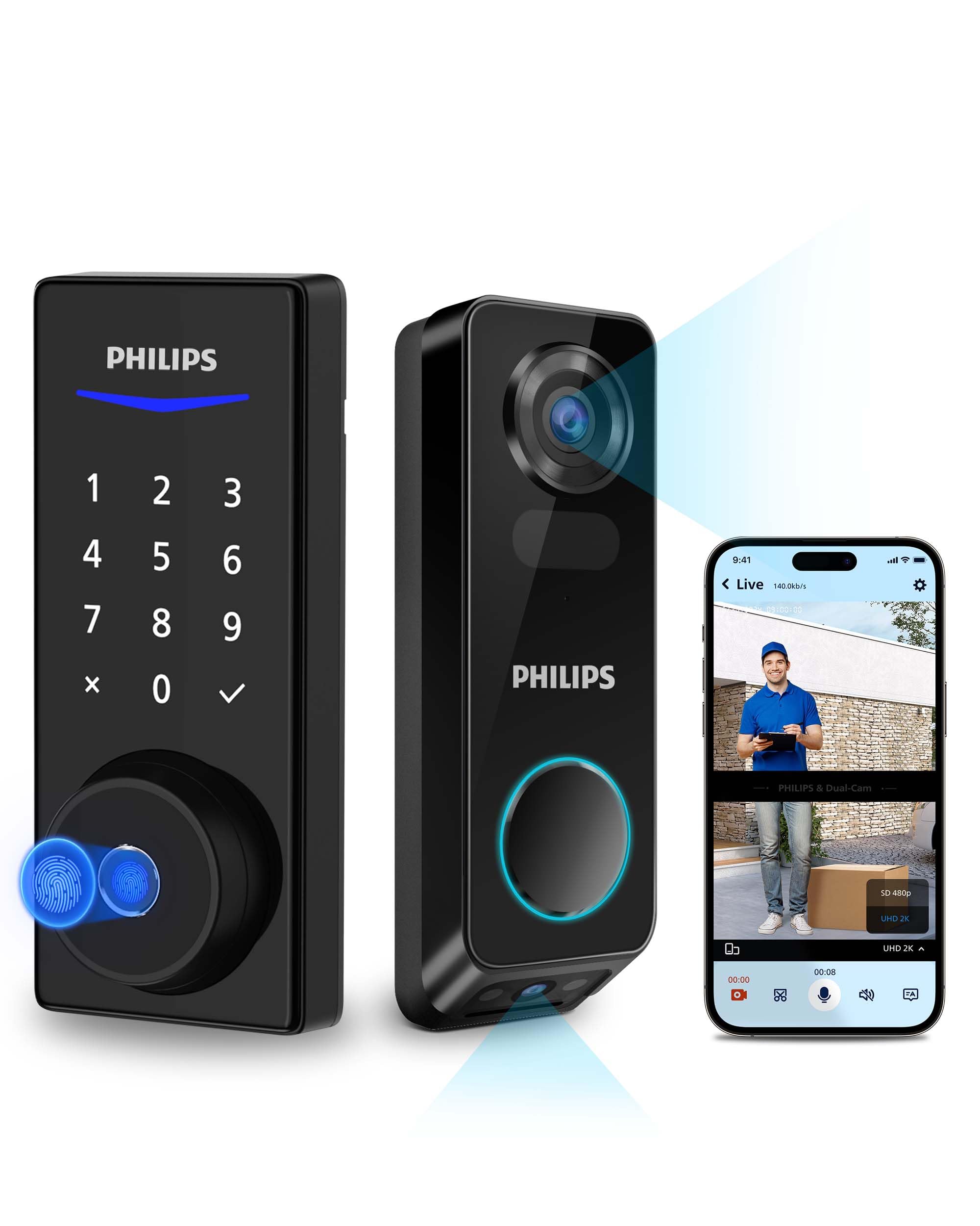 Philips Smart Lock + Wireless Dual Camera Video Doorbell, Smart Bluetooth Deadbolt, App Remote Control, 2K HD Doorbell Camera, No Monthly Fee