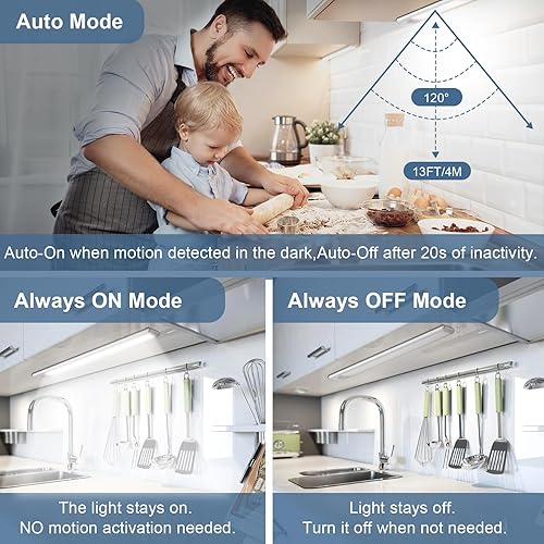 Miniatura 6 de VZZNN Paquete de 6 luces con sensor de movimiento para debajo del gabinete, 63 LED recargables para debajo del gabinete, luz inalámbrica, luz