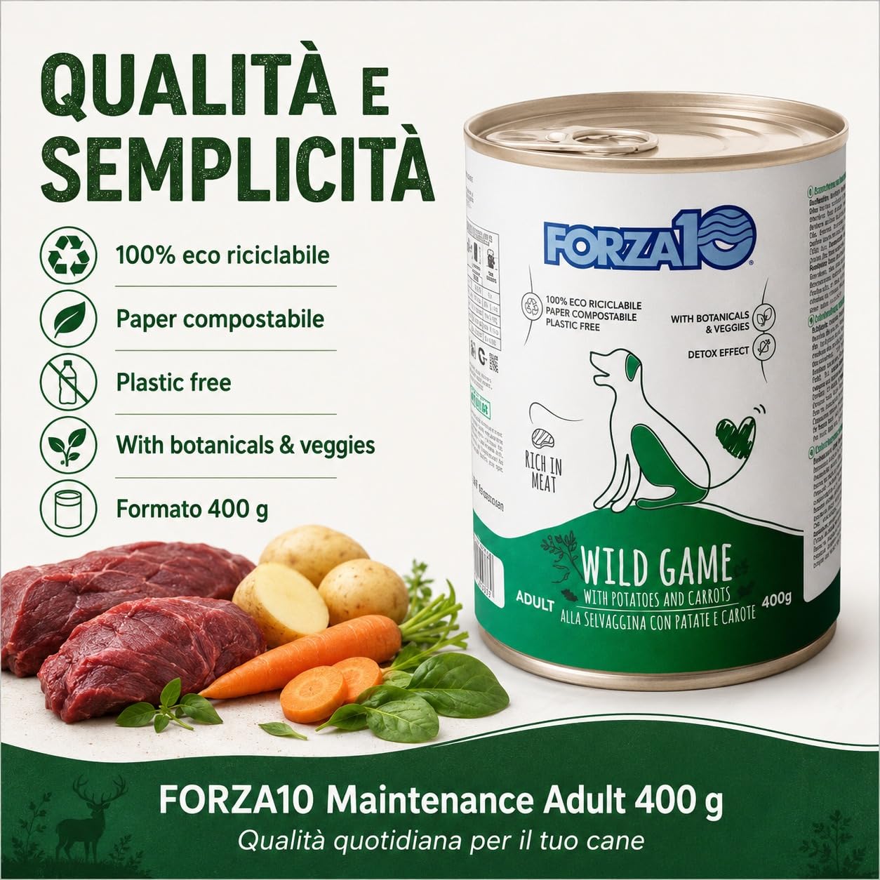 Selvaggina,Patate e Carote– Forza10 Cibo Umido per Cani Adulti di tutte le Taglie e Razze, Monoproteico, 12 Lattine x 400g, Alimento Completo Ricco in Carne.