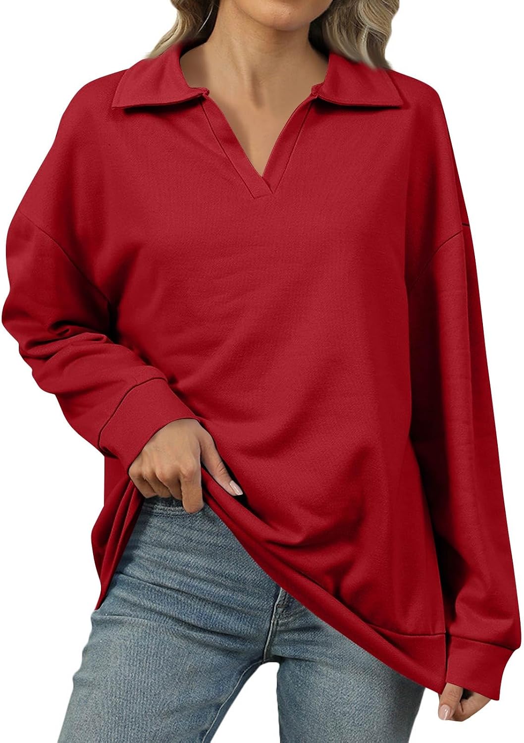 Women's Gradient Tops Trendy Print Lapel Long Sleeve Sweater Oversize Loose V Neck Sweatshirts Work Casual Pullover