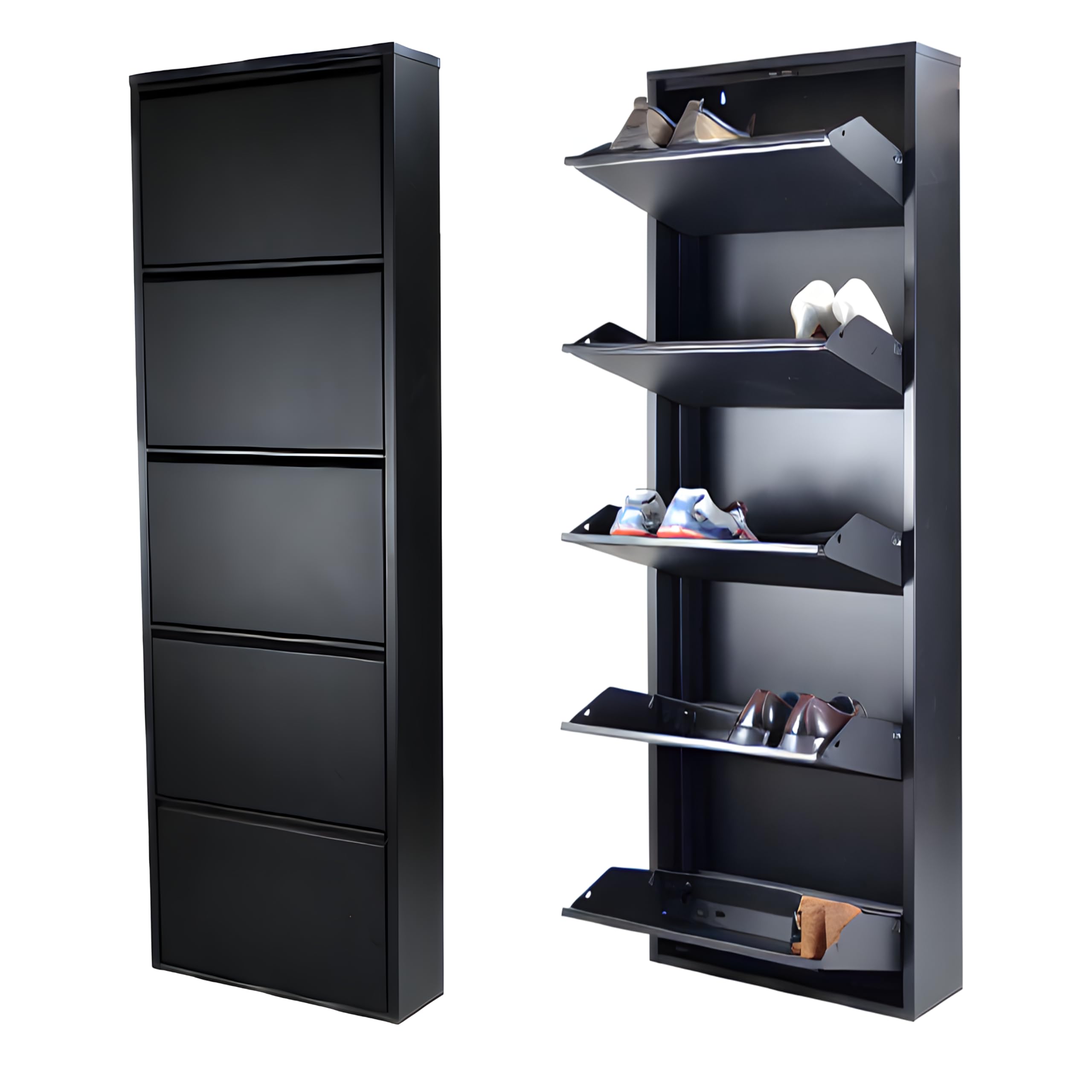 Atahome Slim Shoe Cabinet Tall Narrow Shoe Storage Cabinet for hallway wall mounted thin flip down Metal Shoe Rack Storage Organiser Shoe cupboard Indoor Lydia 5-Drawer Tier (Black)