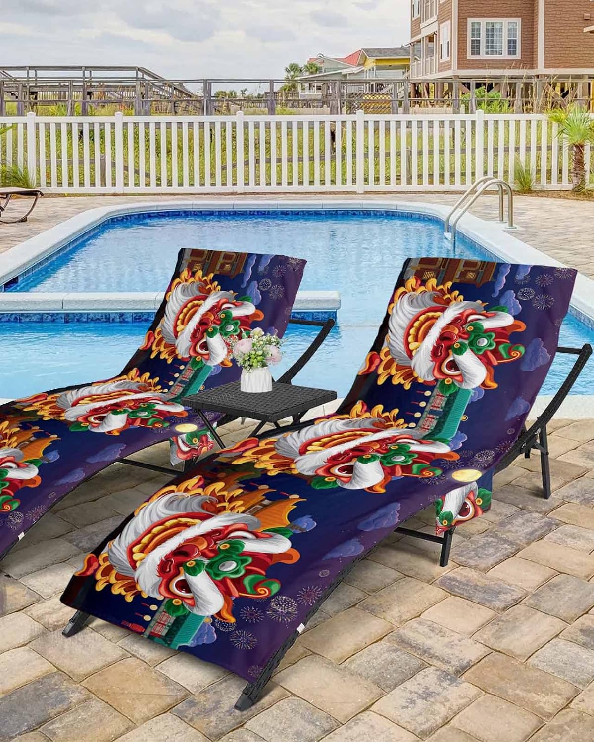 Traditional Beach Pool Patio Lounge Chaise Chair Cover Towel With Pockets,Absorbent & Quick Dry Microfiber Towel Cover Bag Summer Accessories for Sunbathing Chinese New Year Lion Dance Spring Festival