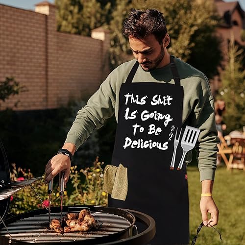 Miniatura 7 de Delantal divertido para barbacoa para hombres, delantal de chef con 2 bolsillos, correa ajustable para el cuello y lazos de 40 pulgadas de largo,