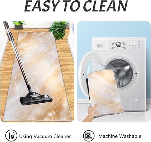 Miniatura 6 de 2Pcs Elegant Marble Texture Kitchen Mats for Floor Beige Retro Aesthetics Printed Non-Slip Washable Rugs Set Runner for Holiday Decor Entrance Porch