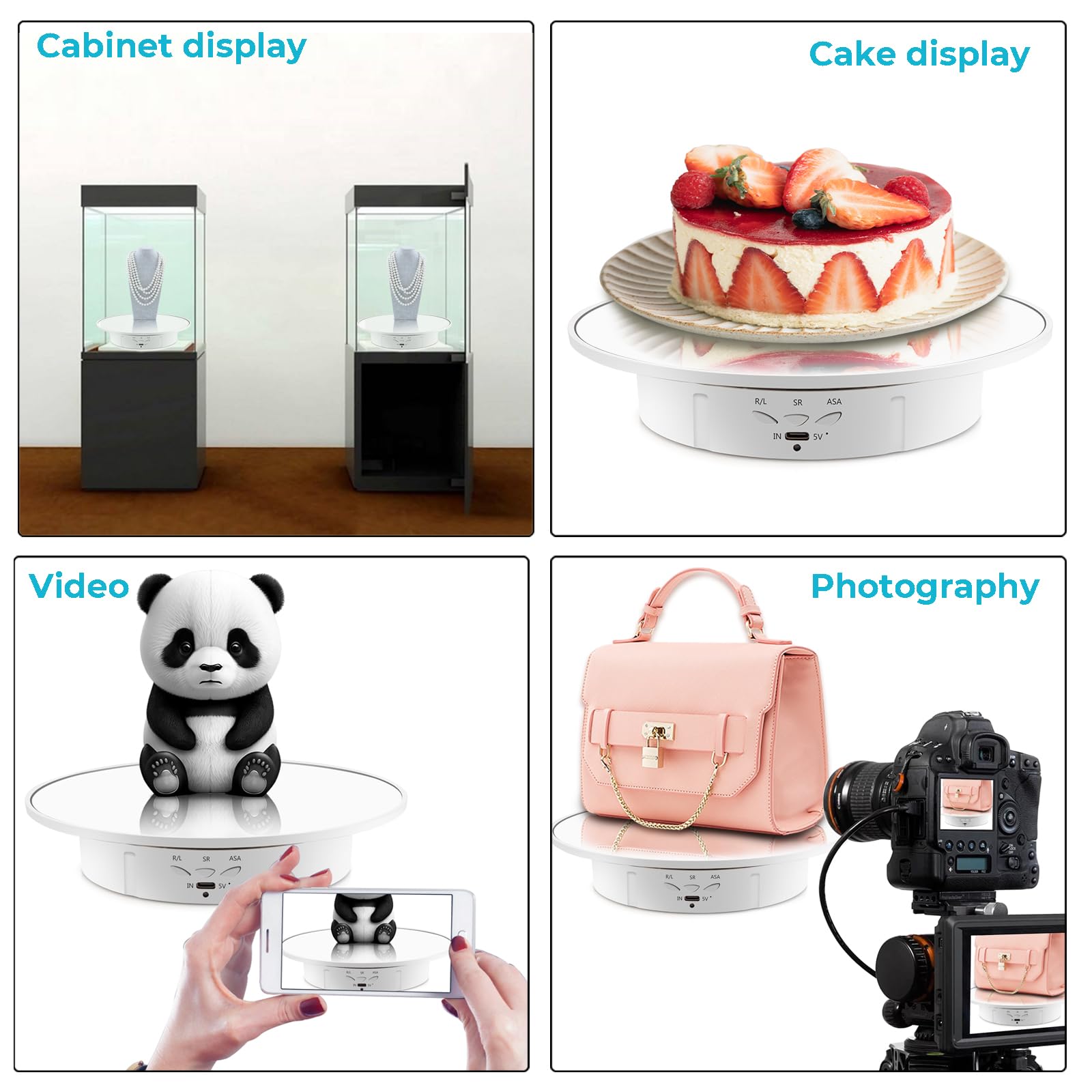 Leadleds Tocadiscos giratorio eléctrico con 5 fondos, soporte de exhibición giratorio motorizado de 360 grados para productos de fotografía, exhibición de joyas, relojes, ferias de manualidades, carga