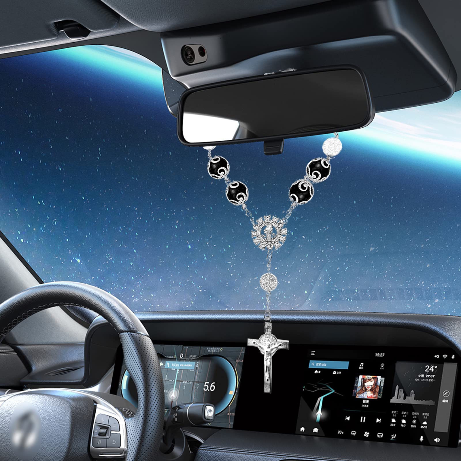 Lot De 4 Chapelets Voiture Rétroviseur - Perles Croix Catholique 4 Couleurs Pour Décoration Auto