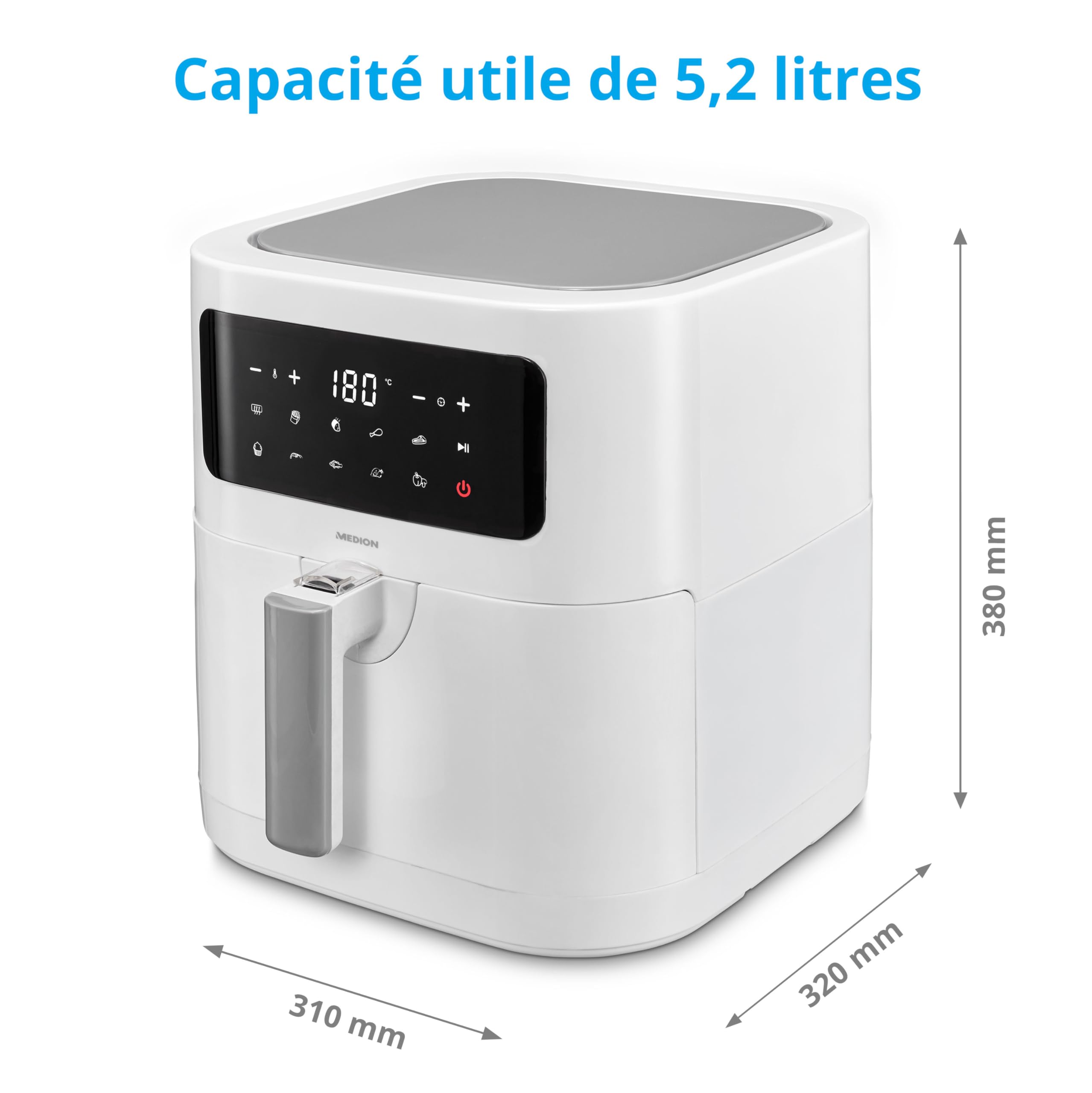 MEDION E40 XL Friteuse à air chaud (panier à friture XXL de 5,3 litres, 2 150 watts, 9 programmes automatiques, fonction cuisson, friture sans huile, panneau de commande tactile, affichage LED) blanc