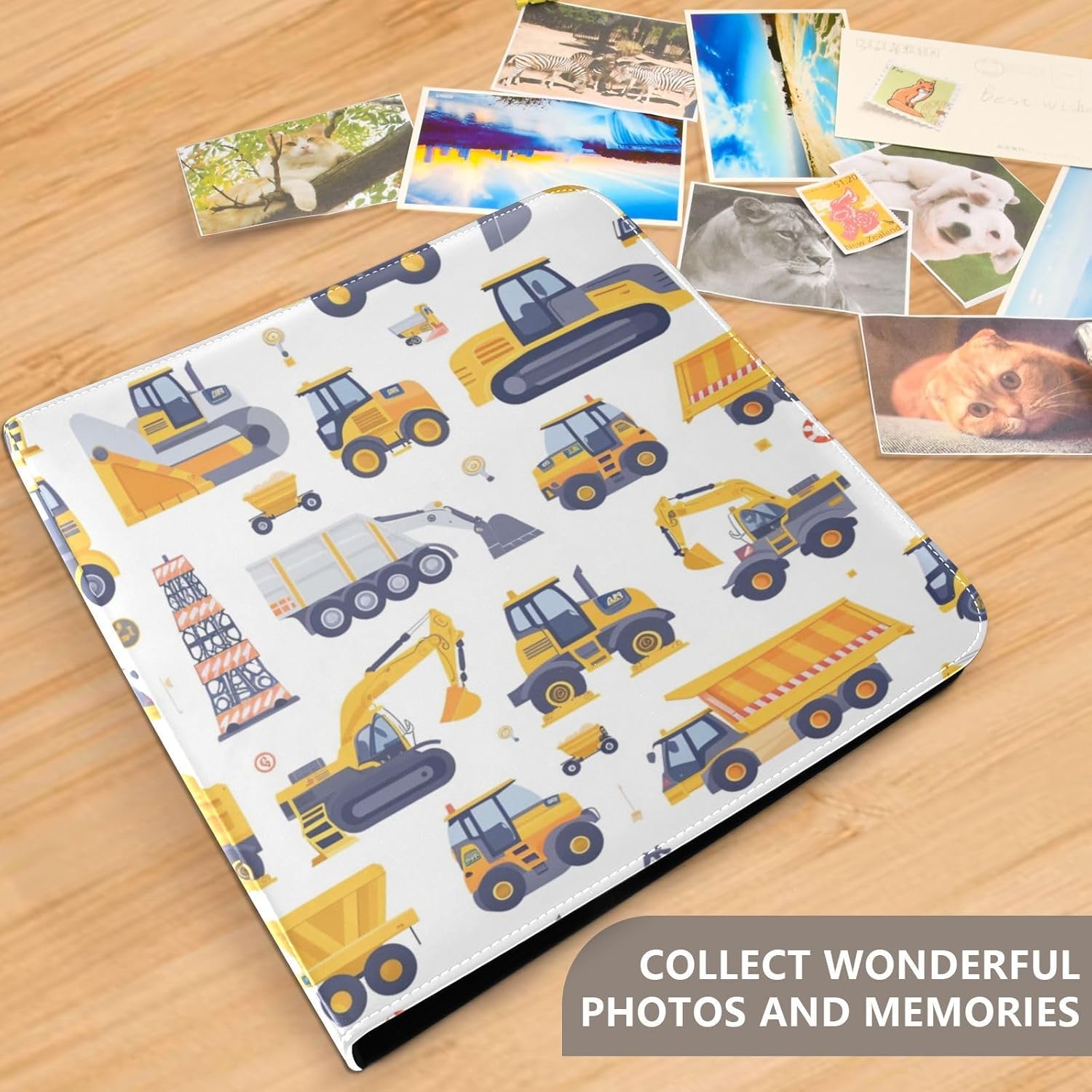 JIPONI Car Excavator Large Photo Album, DIY Leather Cover Scrapbook Albums for 4x6 5x7 6x8 Pictures, Self Adhesive Memory Book for Wedding, Baby, Family