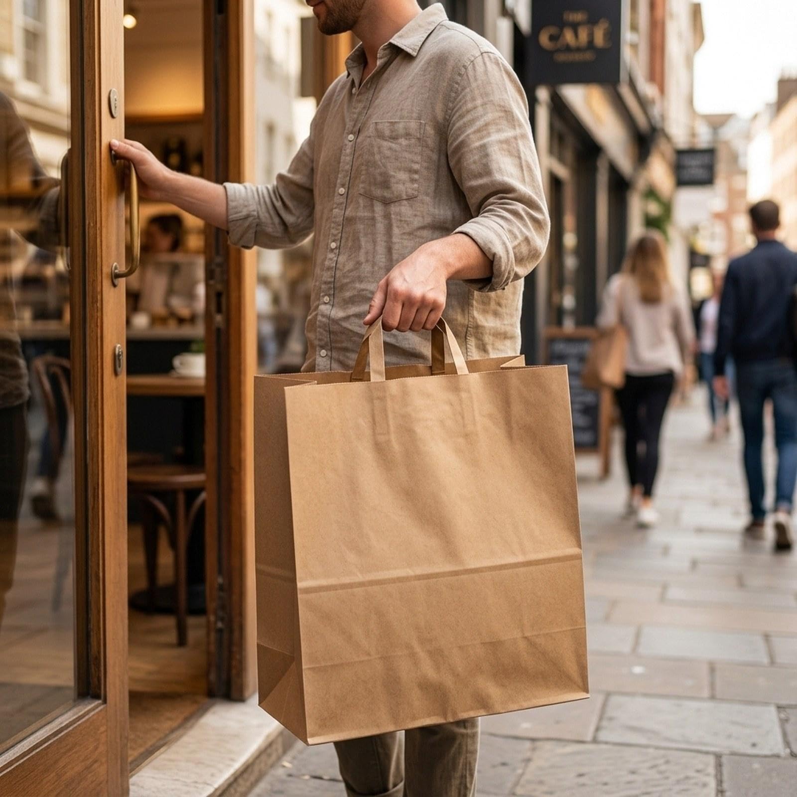 50 Pièces Sacs Shopping Papier Fond Plat Sacs Courses Papier Plates Réutilisables pour Boutiques Emballage Repas à Emporter Mariages, 39 X 36 X 19 Cm