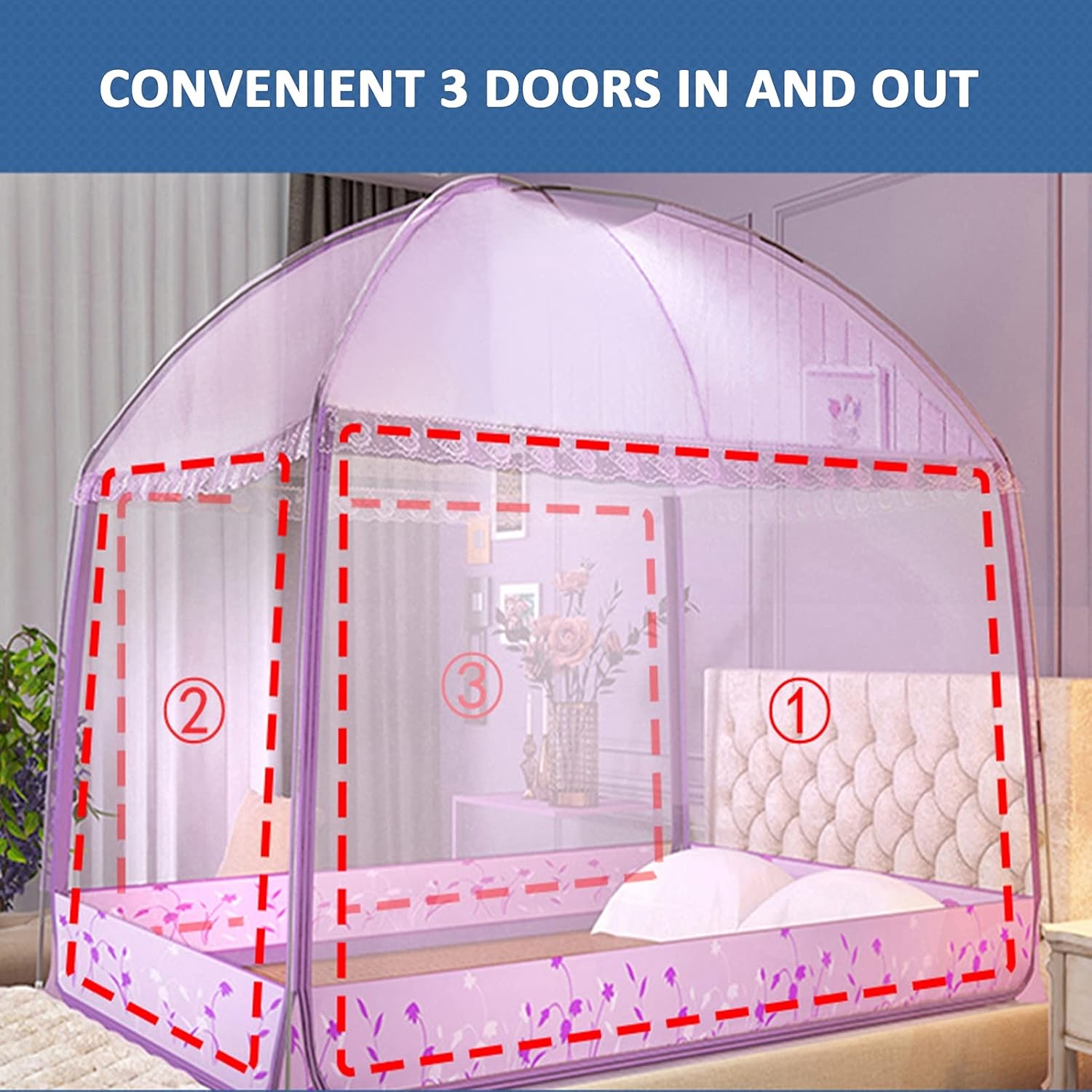 Mosquito Net with Zipper, Double Door Anti-Mosquito Tent Large Camping Tent Easy to Setup for Bed Travel Home Outdoor (Color : Purple, Size : 2.0 * 2M)