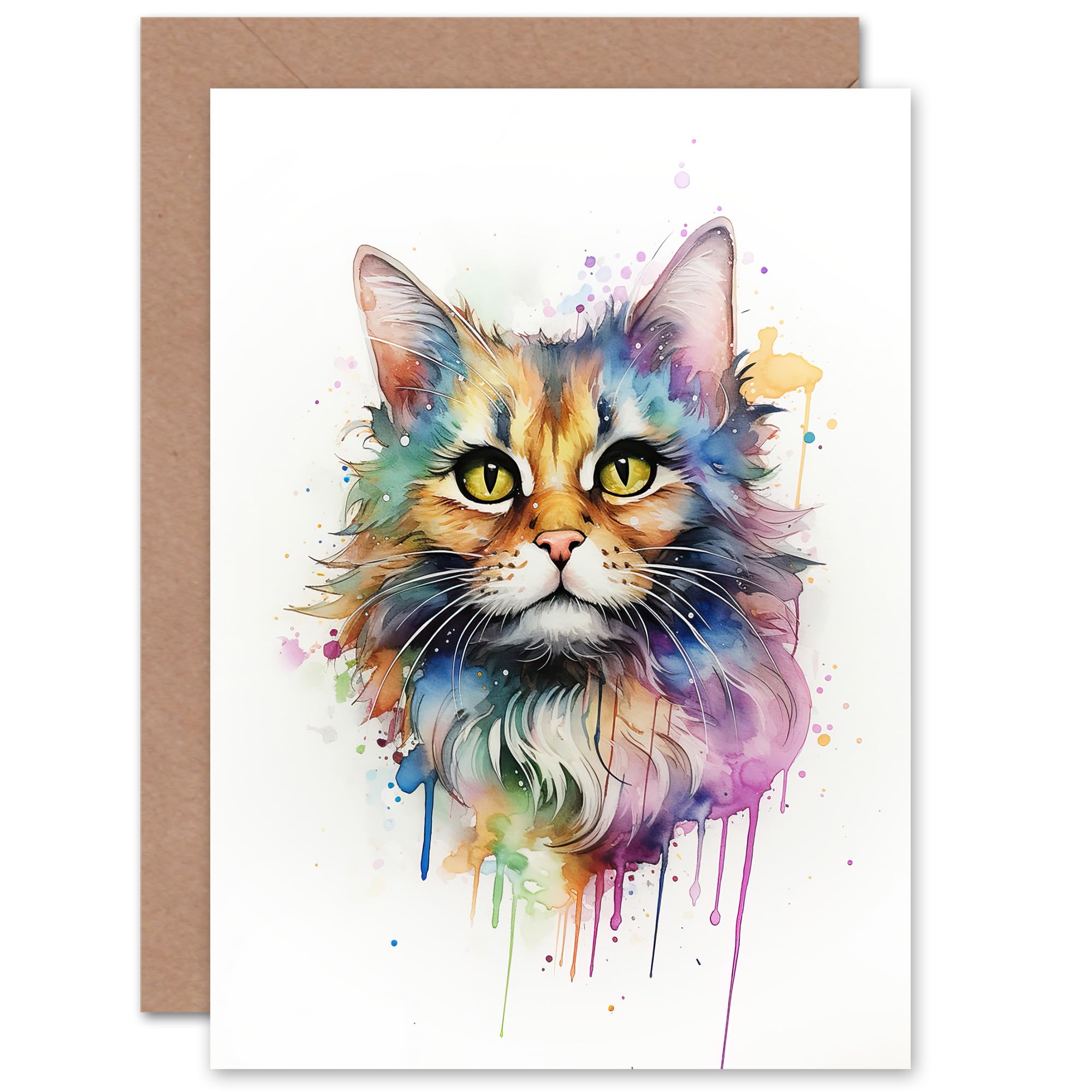 Artery8 Floofster Fluffy Cat Lovers Gift Watercolour Pet Portrait Painting Artwork Sealed Greeting Card Plus Envelope Blank inside