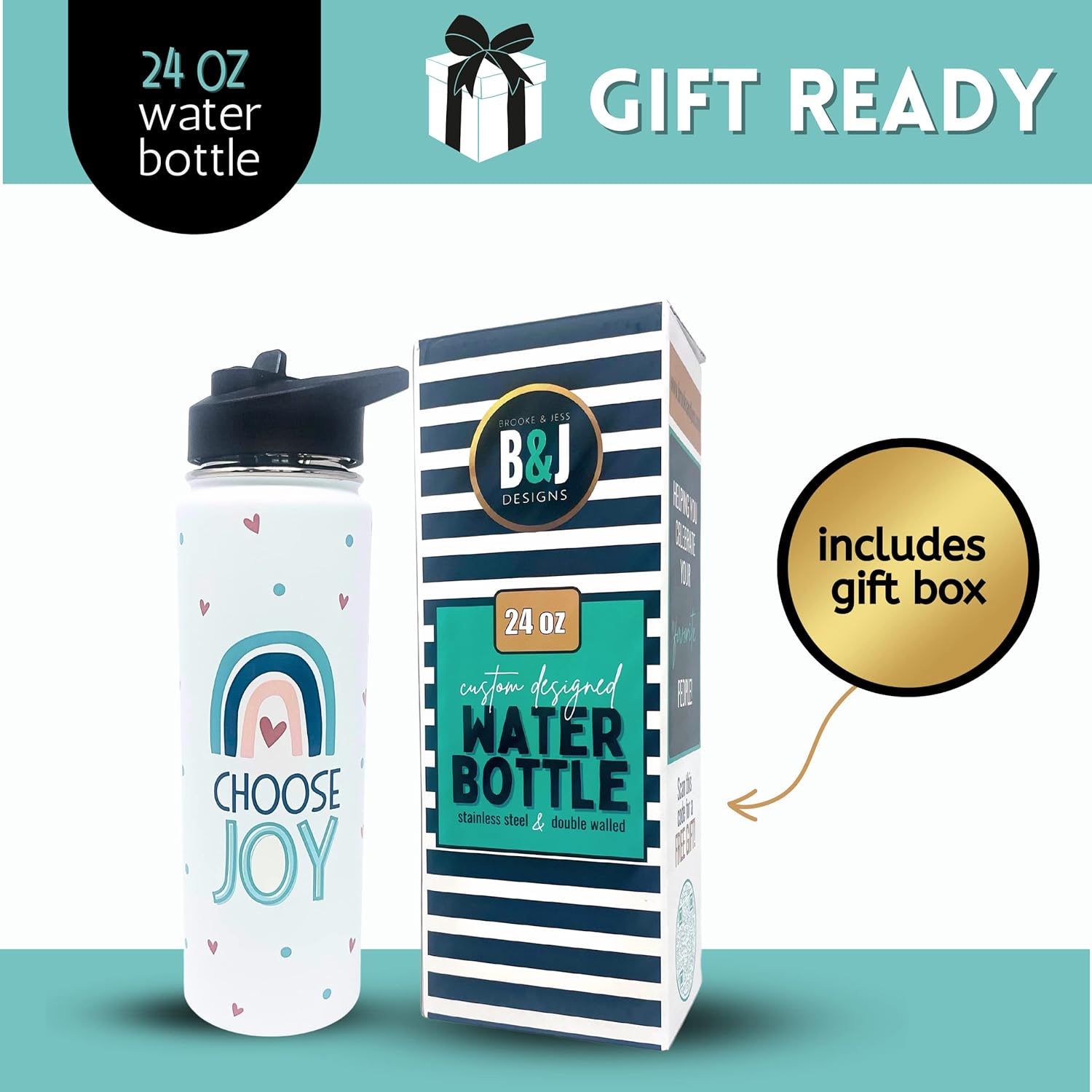 Brooke & Jess Designs Choose Joy 24 oz Insulated Water Bottle Cup - Gift for Mother’s Day, Birthday, Wife, Friend