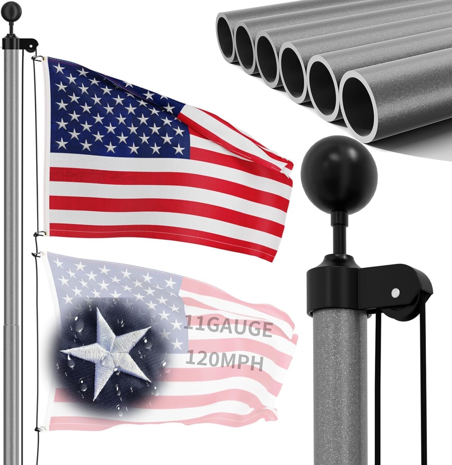 Heavy Duty 25 FT Flag Pole, 13 Gauge Extra Thick Aluminum Flagpole Kit with Embroidered Stars 3x5 American Flag for Outside House In Ground, 80MPH Wind Tested