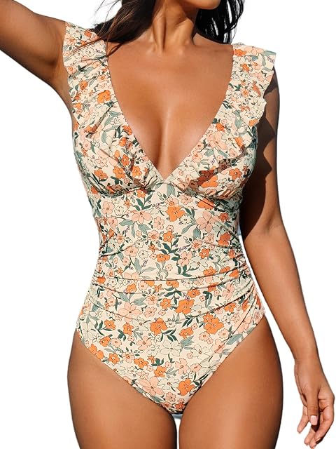 CUPSHE Badeanzug Damen V Ausschnitt Rüschen Monokini Bauchweg | Volants,Bauchweg Raffung,Bequeme Passform,Mittlere,Für Strand und Pool