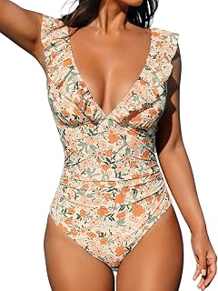 CUPSHE Womens Ruffled One Piece Swimsuit V Neck Lace Up