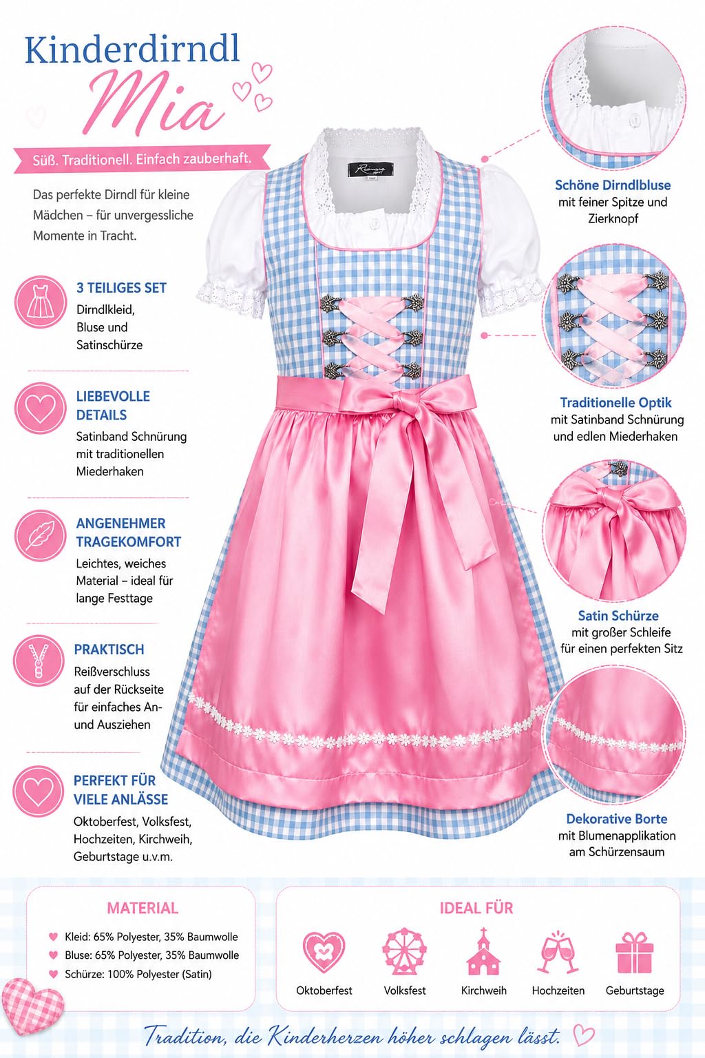Ramona Lippert® Dziecięcy Dirndl Mia - niebieski różowy z bluzką - tradycyjny dziecięcy Dirndl dla dziewczynek - rozm. 110/116-158/164