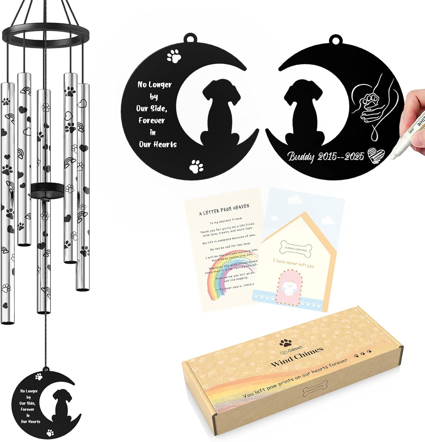 Dog Memorial Gifts for Loss of Dog, 28" Pet Memorial Wind Chimes with DIY Moondog Pendant and Rainbow Bridge Heart Paw Print Tube, Pet Passing Away Sympathy Remembrance Gift