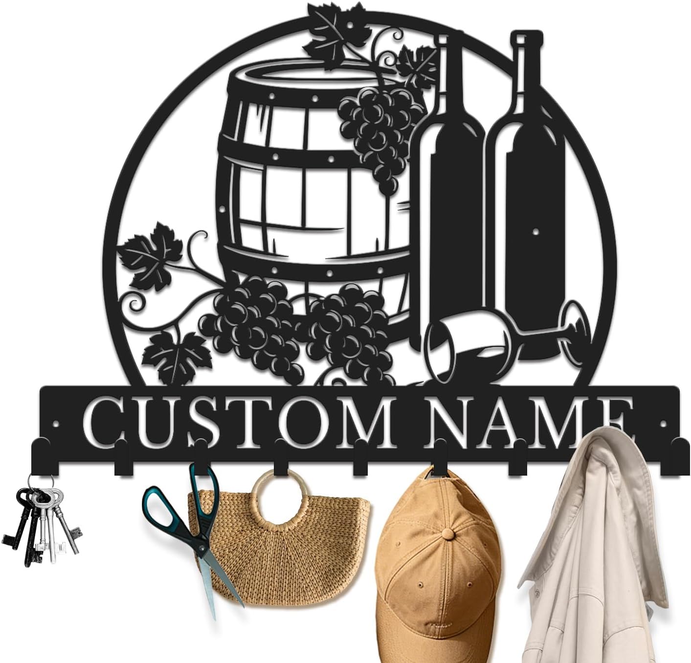 Personalized Wine Metal Key Hook Rack, Custom Name Wall Organizer, Vineyard Inspired Storage Hanger, Decorative Entryway Hooks for Kitchen Porch Bathroom (Style-1)