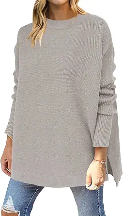 ANRABESS Women's 2023 Casual Oversized Long Batwing Sleeve Crewneck Spilt High Low Hem Knit Tunic Pullover Sweater Tops