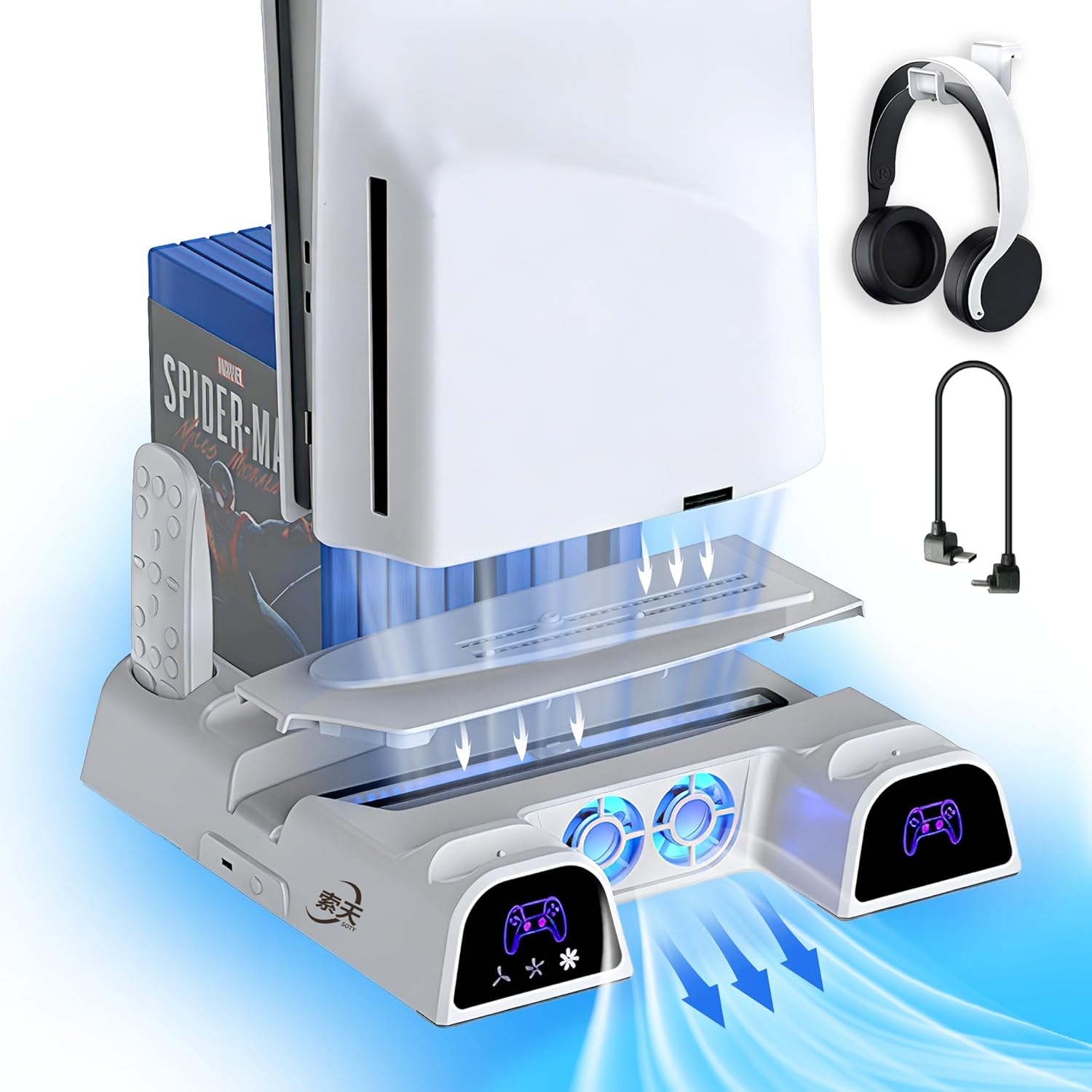 SOTY PS5/Slim/Pro Stand and Cooling Station with RGB lights; Controller Charging Station for PlayStation5;Ps5 Console cooling base;11 slots disc rack;Solid and Sturdy PS5/Slim/Pro Accessories Kit (STP5-3532D)