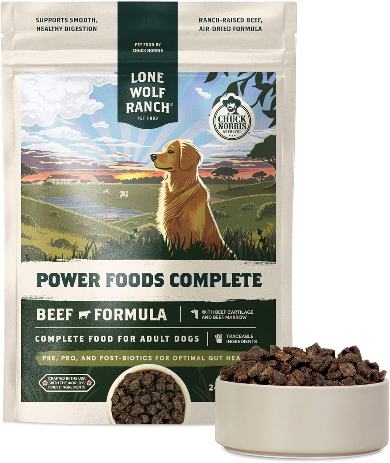 Chuck Norris Power Foods Complete Air-Dried Dog Food with High Protein, Superfoods, and Glucosamine (Beef, 24oz)