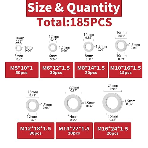 Miniatura 2 de AIMUNOK Kit de surtido de 185 piezas de arandelas aplastables de aluminio para tapón de drenaje de aceite, M5M6M8M10M12M14M16 repuesto para Honda