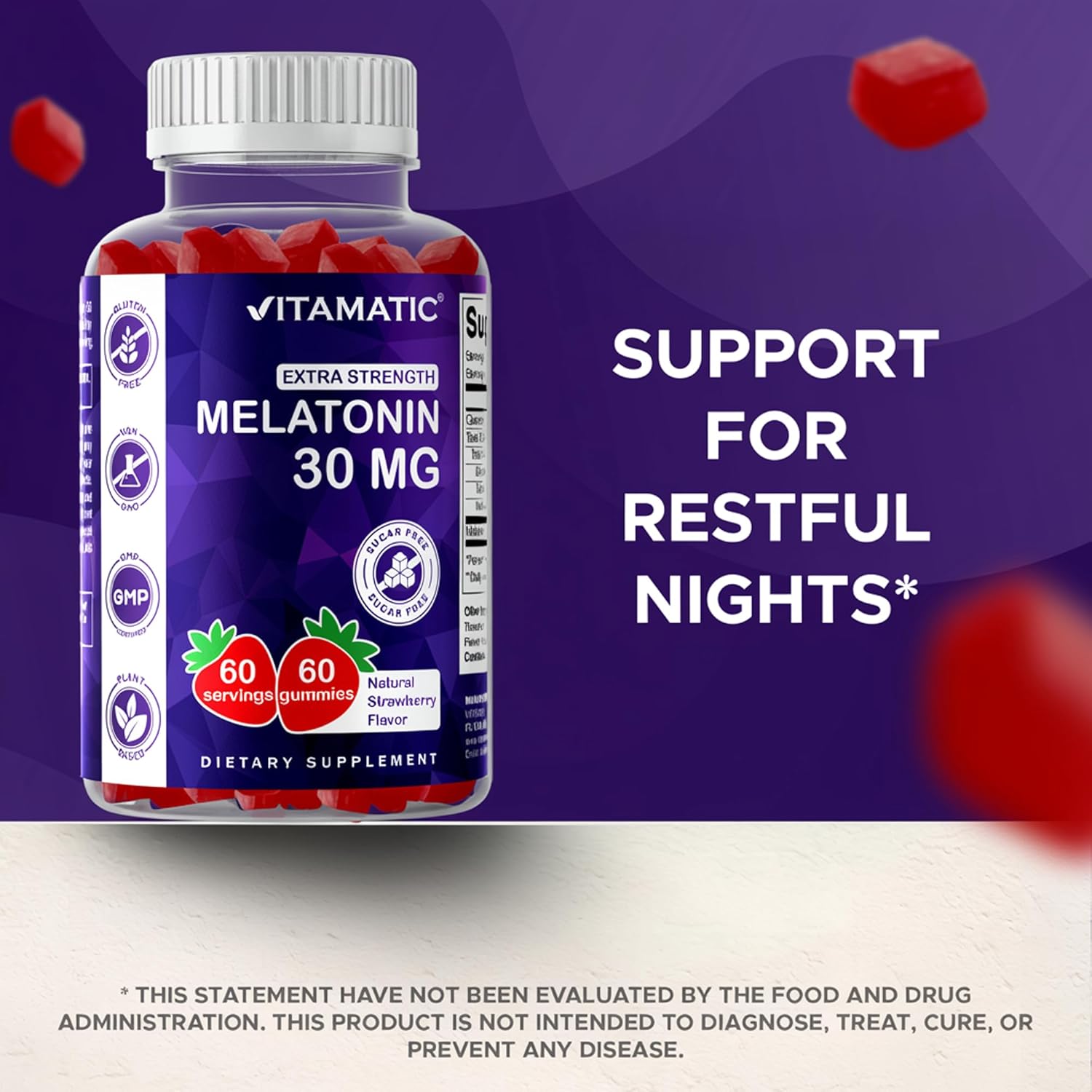 Vitamatic Sugar Free Melatonin 30mg per Gummy - 60 Servings - 60 Vegetarian Gummies - Non-Habit Forming Supplement (60 Count (Pack of 2))