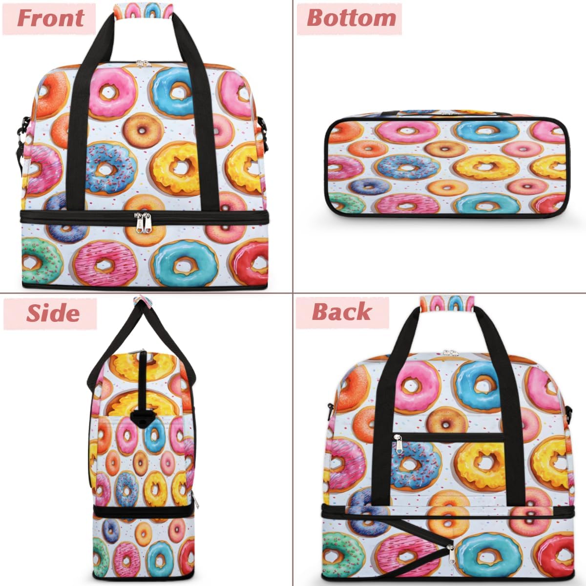 QsirBC Foods Donut Gym Bag for Women Duffle Tote with Shoes Compartment Men Weekender Duffel for Dance Travel Sports Swimming Overnight
