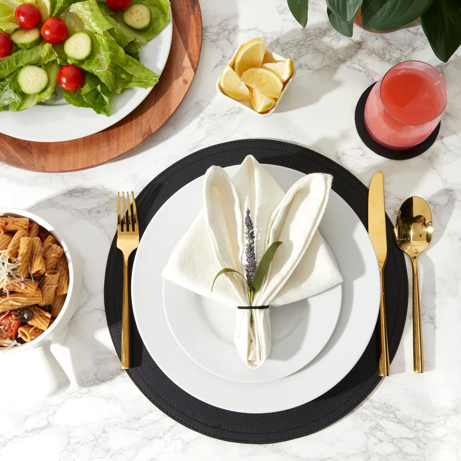 Set of 6 Faux Leather Circle Placemats and 6 Round Coasters for Dining Room Table (Black) : Home & Kitchen