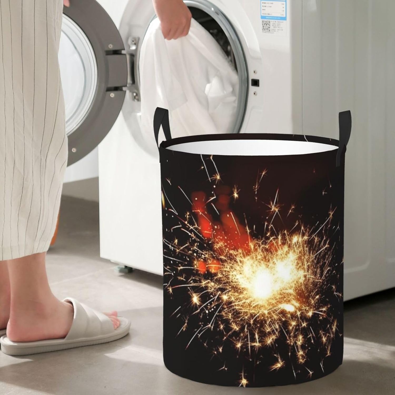 Explosion Firework print Circular Hamper Waterproof Storage Bin Organizer Basket Laundry Hamper With Handles For Clothes Toys Small