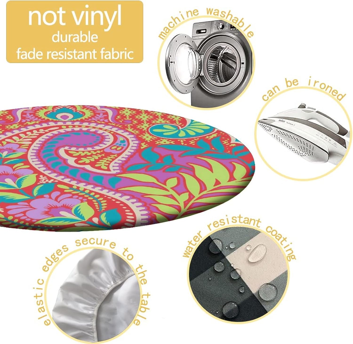 Paisley Fitted Tablecloth Round, Elastic Table Cloth for Kitchen Dining, Floral Pattern Oil Proof Polyester Tablecloths