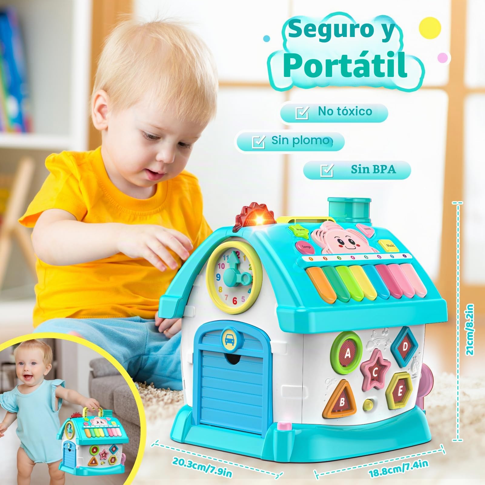 Juguetes para niños de 1 2 años: Montessori juguetes para 1 año de edad, 6 en 1 actividad multifunción casa juguete para bebé con sonido/música/reloj, regalos de cumpleaños para niños de 1 2 años