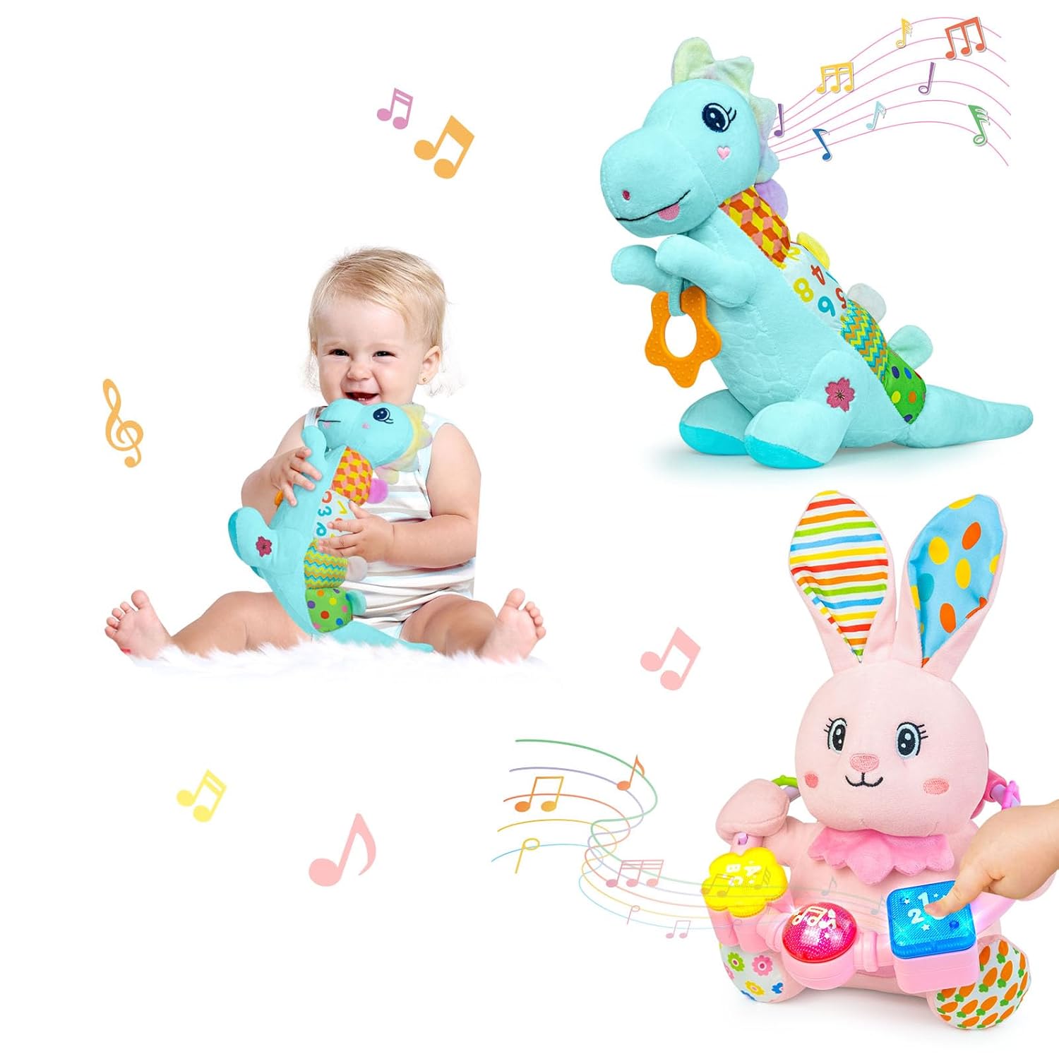 Baby Stuffed Animals Toys 0-6-12 Months, Baby Musical Bilingual Early Learning Toys with Light Up & Sound,Tummy Time Toys for 0 3 6 9 12+ Months for Newborn Girl