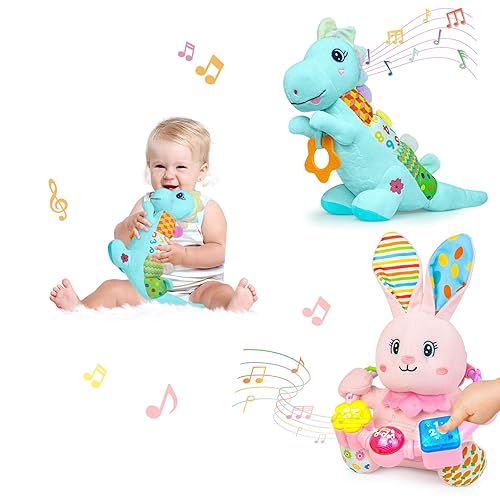 Baby Stuffed Animals Toys 0-6-12 Months, Baby Musical Bilingual Early Learning Toys with Light Up & Sound,Tummy Time Toys for 0 3 6 9 12+ Months for Newborn Girl