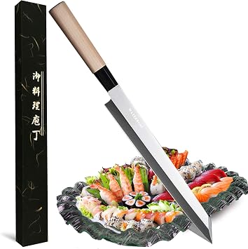 Waterboss Japanese Yanagi Kiritsuke Sushi Knife - Razor Sharp Salmon Sashimi & Watermelon Knives, 5Cr15mov Stainless Steel, Maple Handle, 10.6 inch 270mm