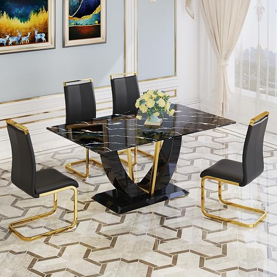 JUFU Dining Table Set for 6 with Chairs PU Upholstered, 71'' Black Glass Dinner Room Table and Chairs, Modern Dining Room Sets for 6, Rectangle Dinner Table Set for Dining Room and Kitchen