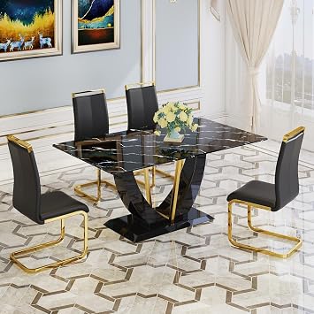 JUFU Dining Table Set for 6 with Chairs PU Upholstered, 71'' Black Glass Dinner Room Table and Chairs, Modern Dining Room Sets for 6, Rectangle Dinner Table Set for Dining Room and Kitchen
