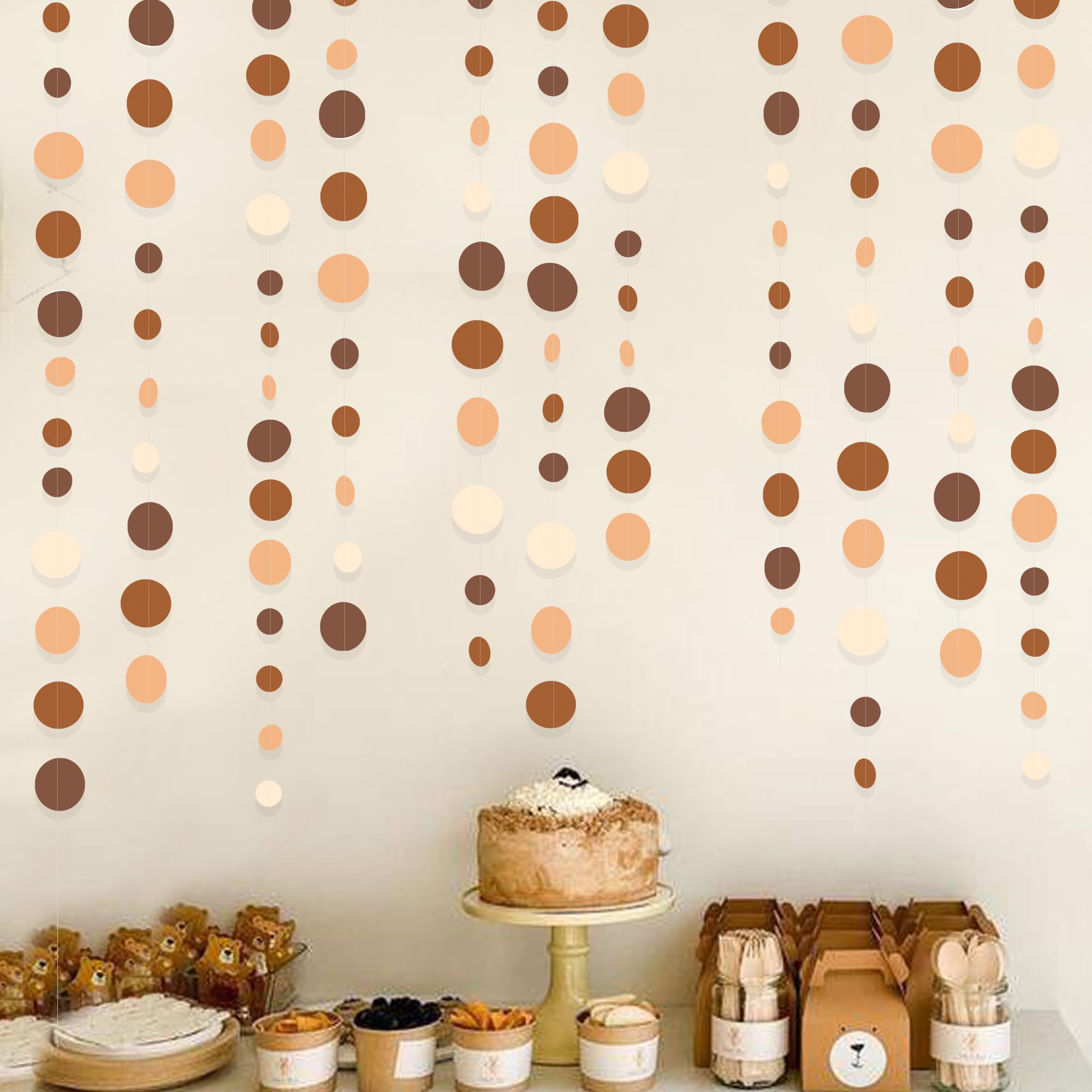 Ombre Brown Party Decorations Polka Dots Garlands Cream Tan Brown Boho Hanging Paper Circle Dots Streamer for Neutral Rustic Cowboy Western Teddy Bear Birthday Wedding Woodland Party Decor