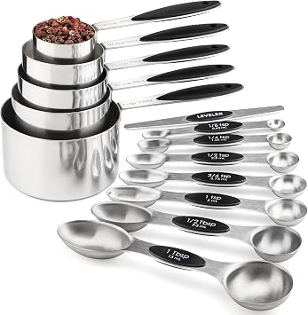 Measuring Cups and Spoons Set Includes 5 Stainless Steel Measuring Cups 7 Magnetic Measuring Spoons and 1 Leveler for Dry or Liquid Ingredients Black
