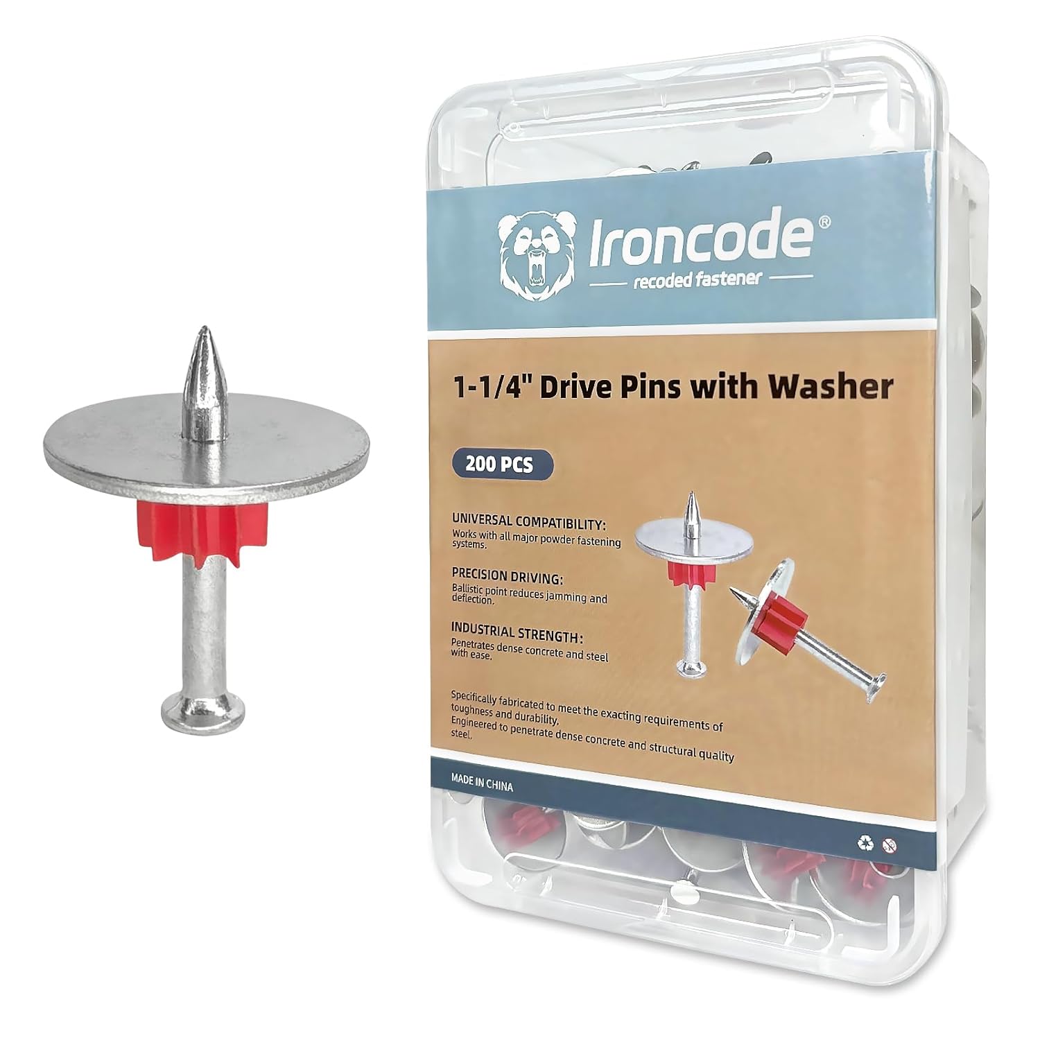 Powder Actuated Fasteners, Drive Pins with 1-1/4" Washer, 200pcs/pack
