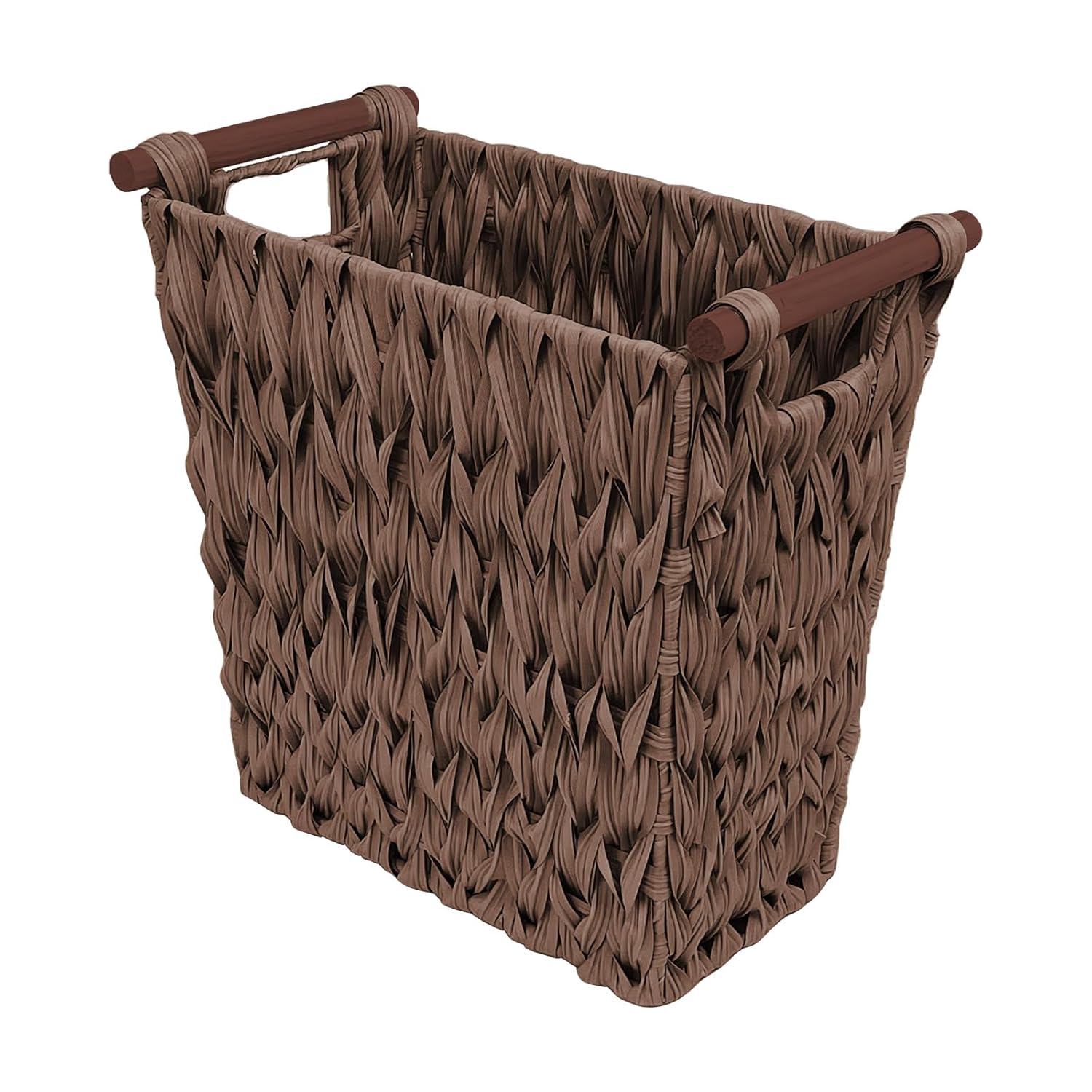 Wicker Bathroom Trash Can, Waterproof Rattan-Style Waste Basket with Wooden Handles, Small Decorative Garbage Bin for Bathroom, Bedroom, Office, 14×7.5×13.4 Inch (1, Brown)