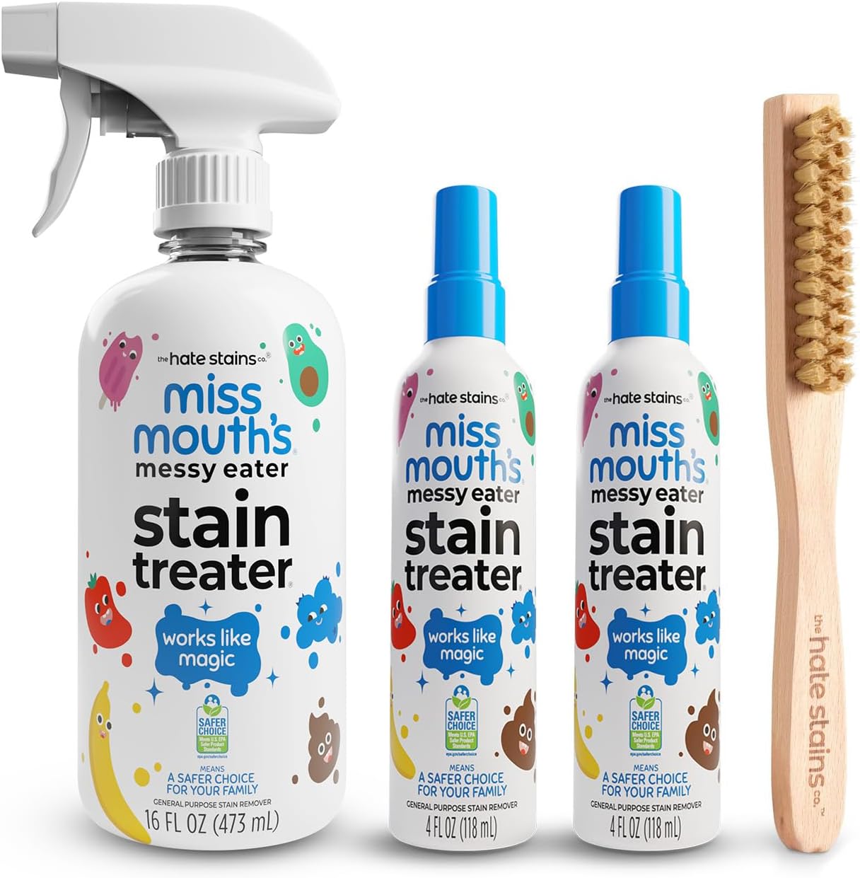 Miss Mouth's Messy Eater Stain Treater Bundle - 16oz Bottle, 4oz Travel 2-Pack & Laundry Brush - Baby Stain Remover Spray for Clothes, Carpet & Upholstery